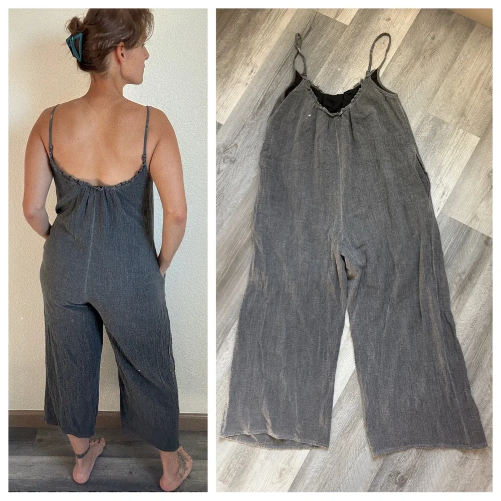 En Creme Charcoal Jumpsuit With Pockets Small Relaxed Wide Leg - Picture 4 of 8